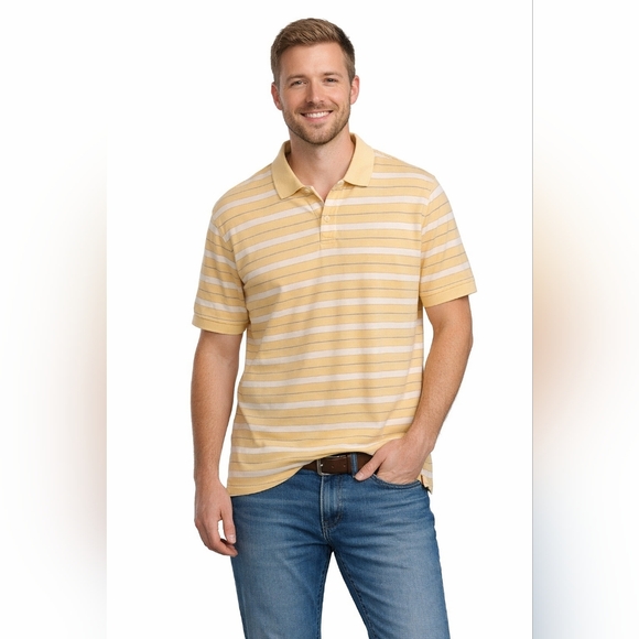 Haggar Other - Haggar Men's Stripe Polo Shirt Mid Button Yello Stripe Size Large